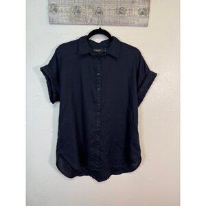 Lauren Ralph Lauren Women's Navy Blue Button Up Large Blouse 100% Linen